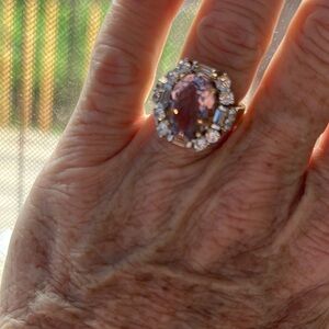Elegant Pink Faceted Gem and CZ Diamond Ring Sz 6